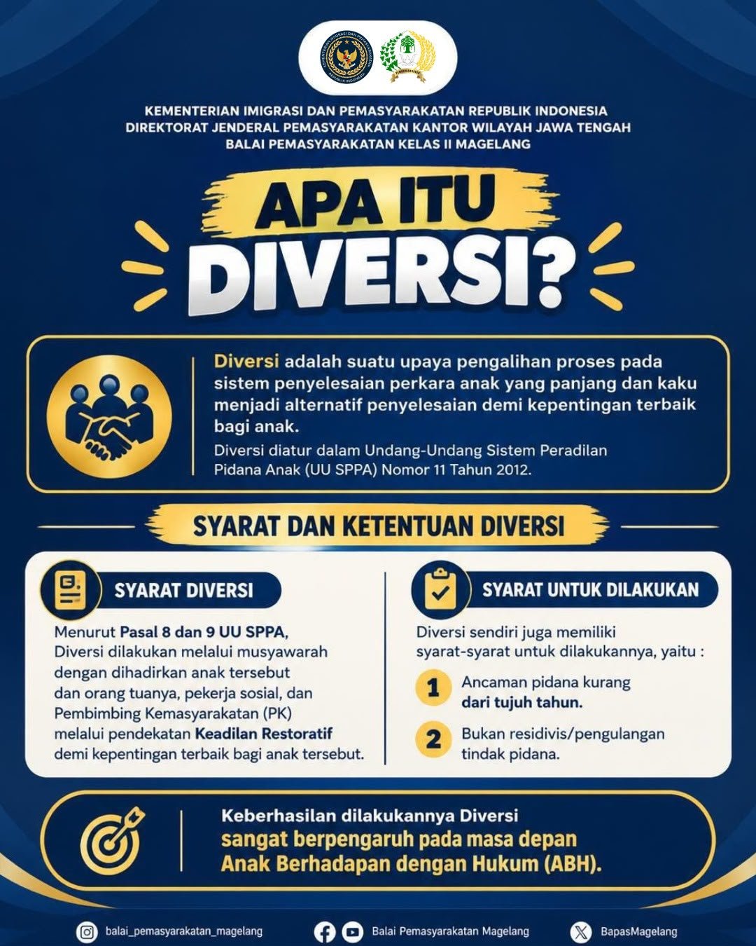 Diversi merupakan upaya penyelesaian perkara Anak yang Berhadapan dengan Hukum (ABH) melalui pendekatan Keadilan Restoratif dengan mengutamakan kepentingan terbaik bagi anak.